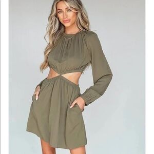 Cut Out Long Sleeve Dress in Olive Green